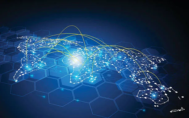 글로벌, 지구본, 추상, 세계지도, 지도, 교통, 대역폭, 운송, 배송, 전 세계, 접근, 데이터, 디지털, 통신, 전기 통신, 네트워크, 네트워킹, 로딩, 전송, 디자인, 기술, 하이테크, 기술, 공상 과학, 선, 선형, 연결, 점, 기하학적, 플레어, 육각형, 회로, 전기, 전자, 마이크로칩, 패턴, 개념, 벡터, 일러스트레이션, 공간, 구성, 파란색, 전력, 에너지, 스파크, 움직임