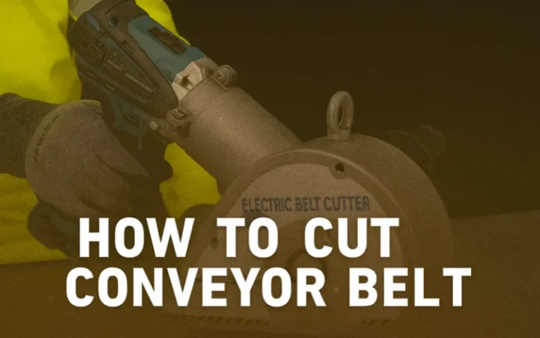 On the picture of an industrial conveyor belt cutting machine there is "how to cut conveyor belt" words, the picture tells the reader that the main content of this article is mainly about how to cut conveyor belt